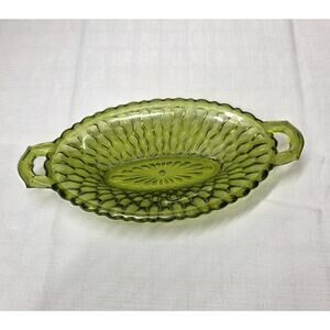 Vintage Indiana Glass Green Handled Shallow Bowl MCM Art Deco
